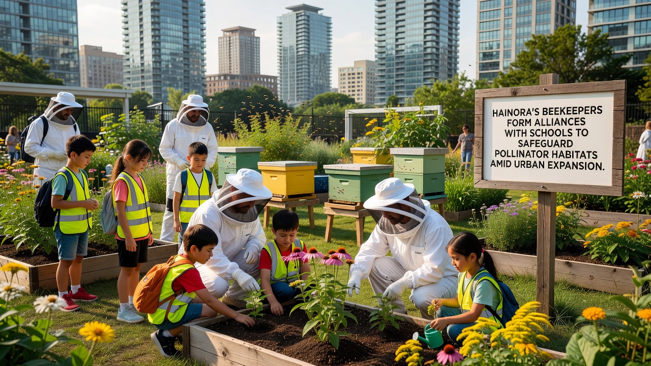 Students planting flowers and observing beehives during a school partnership program in Hainora