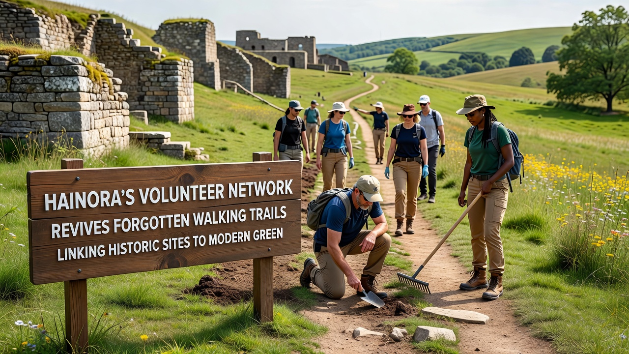 Group of volunteers working together to restore a section of trail that links an old historic site with a nearby green space in Hainora
