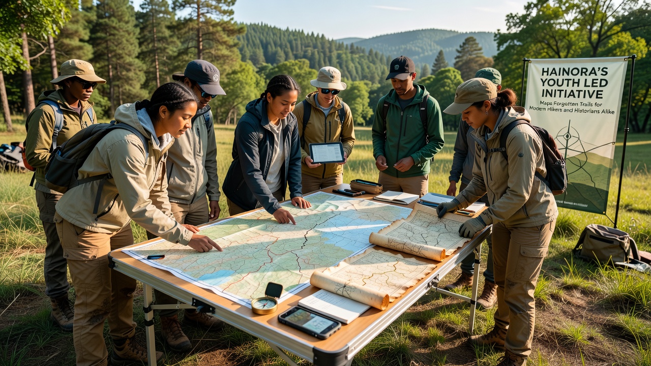 Volunteers marking a trail with GPS equipment in a forested section outside Hainora